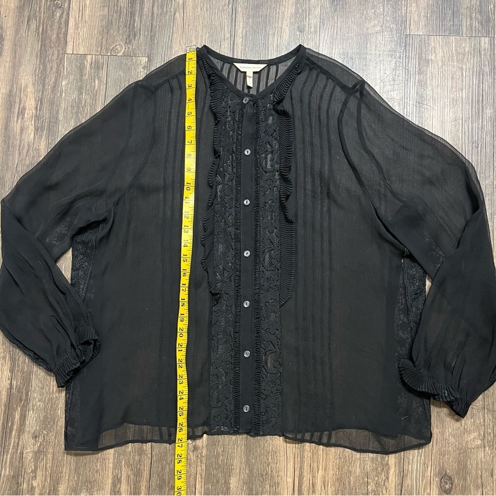 Rebecca Taylor Black Crewneck Long Sleeves Ruffled Button Up Sheer Blouse 12 - Picture 11 of 12